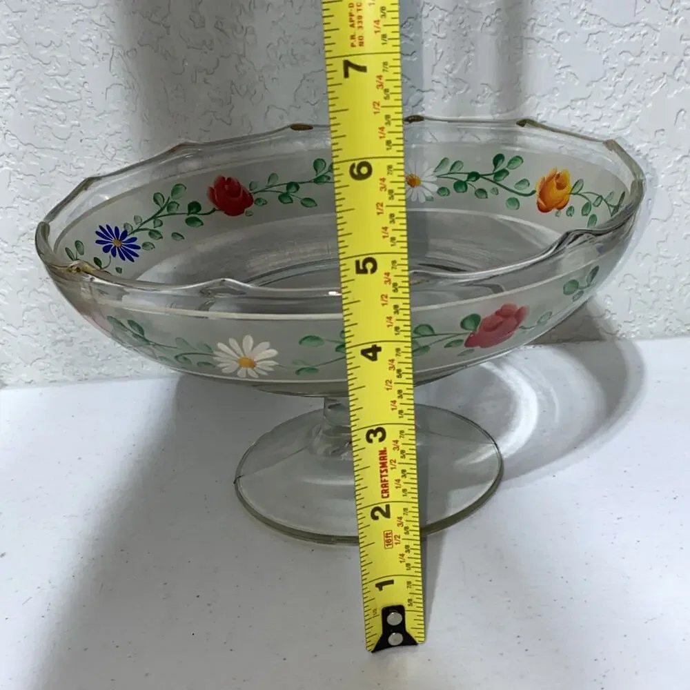 Vintage Pedestal Candy Dish Fruit Bowl Daisies Roses 8”x5” Bohemian Hand Painted